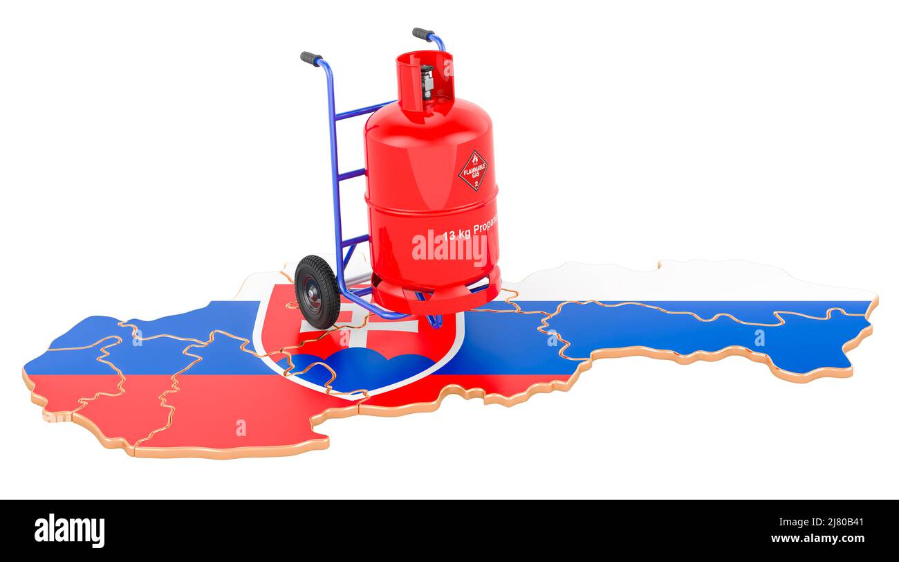 Mappa slovacca con bombola di gas propano su carrello a mano. Servizio di consegna gas in Slovacchia, Concept. 3D rendering isolato su sfondo bianco Foto Stock
