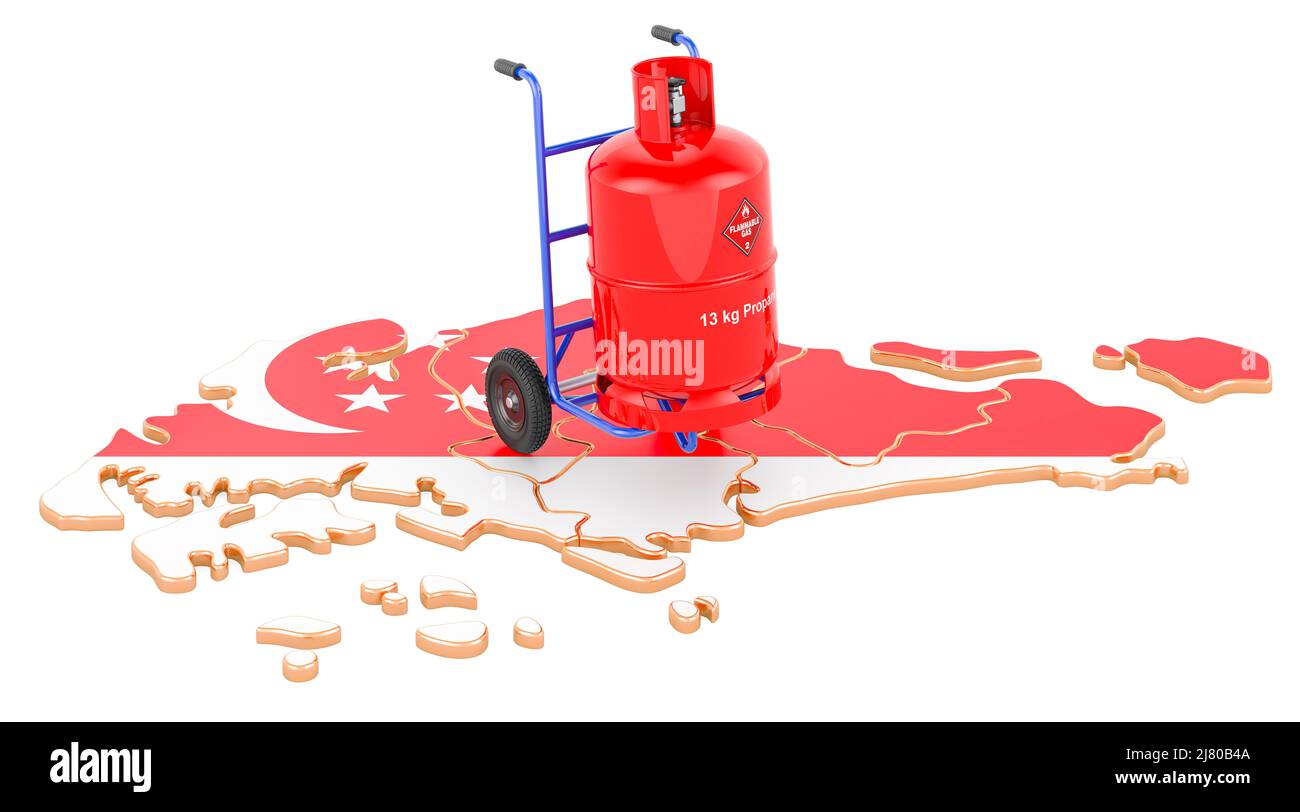 Mappa Singapore con bombola di gas propano su camion a mano. Servizio di consegna del gas a Singapore, concetto. 3D rendering isolato su sfondo bianco Foto Stock