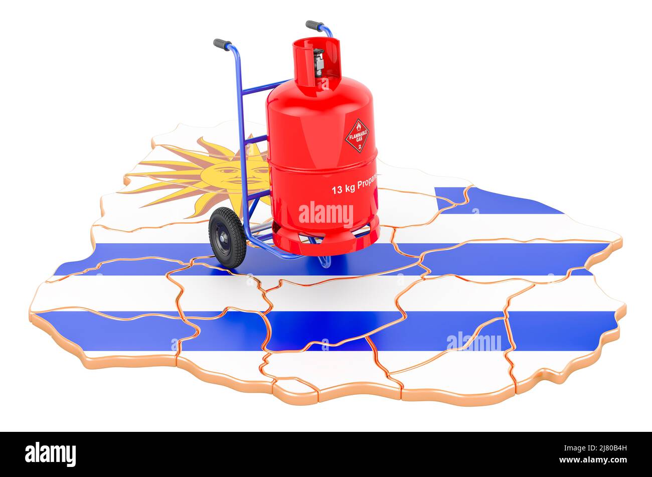 Mappa uruguaiana con bombola di gas propano su carrello a mano. Servizio di consegna del gas in Uruguay, concetto. 3D rendering isolato su sfondo bianco Foto Stock