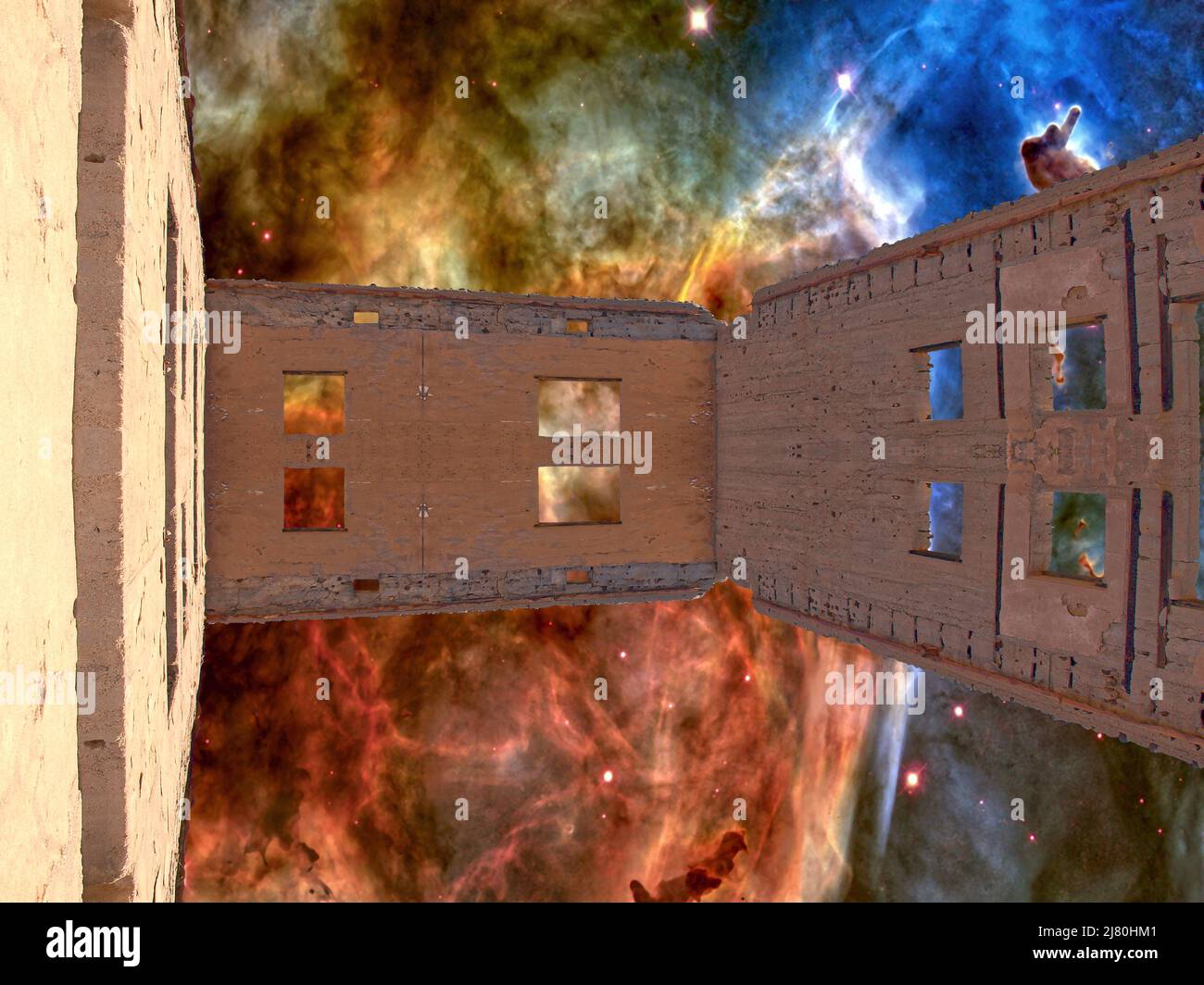 Vecchia rovina con il paesaggio della nebulosa keyhole Foto Stock