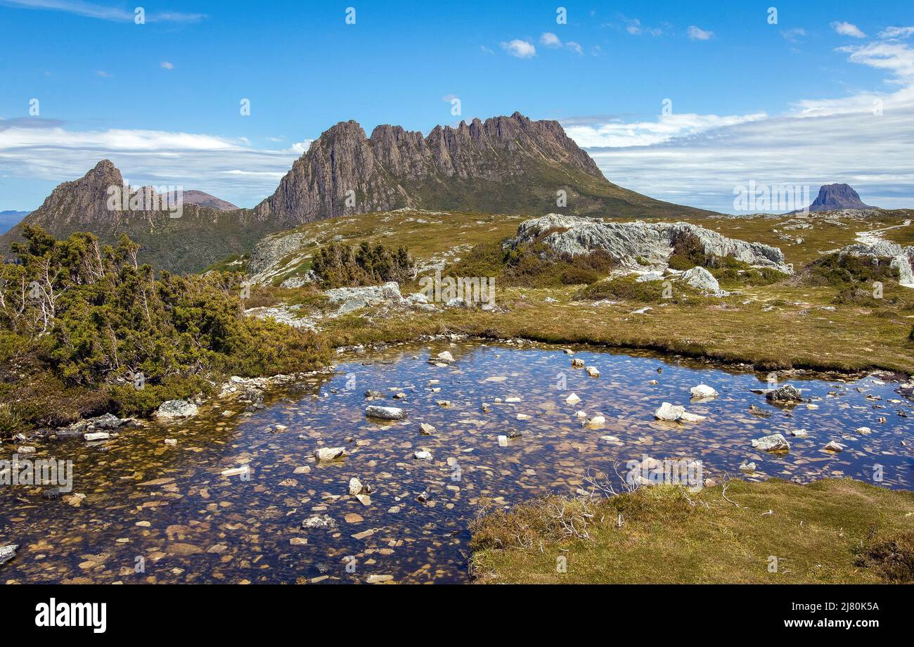 Cradle Mountain e tarn, Cradle Mountain-Lake St Clair National Park, Central Highlands, Tasmania, Australia Foto Stock