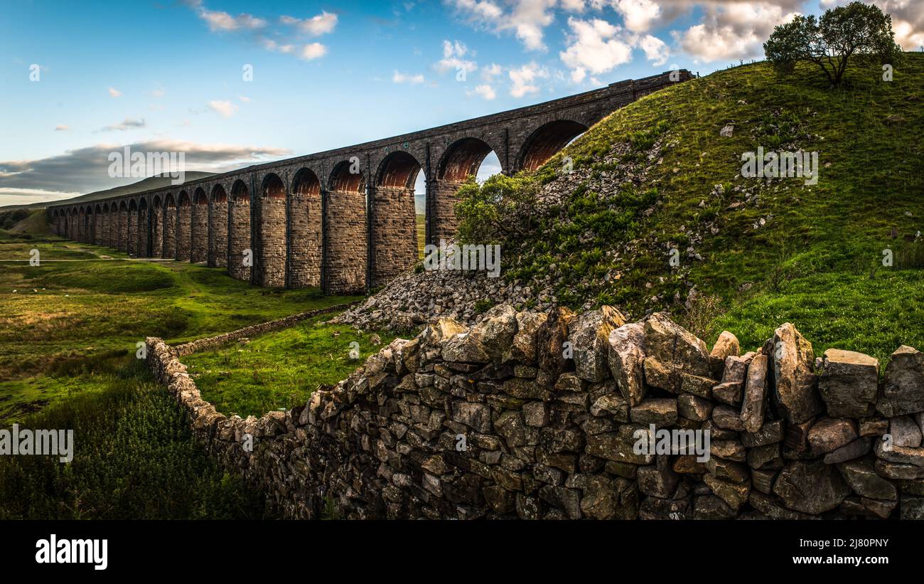 Ribblehead Viadotto attraverso Batty Moss nella Ribble Valley, Ribblehead, Yorkshire Dales, North Yorkshire, Inghilterra, REGNO UNITO Foto Stock