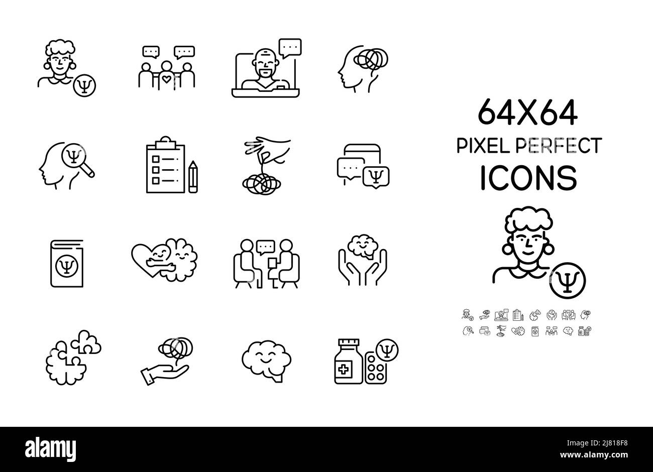 Salute mentale e psichiatria. Set di icone di 64 pixel Perfect line art. Illustrazione Vettoriale