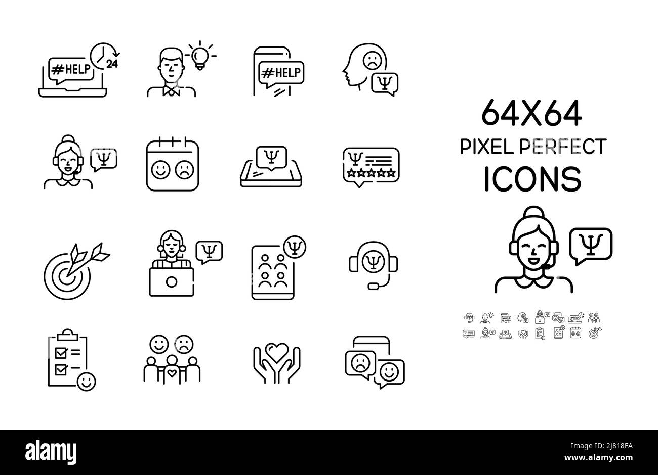 Servizi di salute mentale e psicoterapia. 64x64 pixel Perfect, icona di grafica con linea di traccia modificabile Illustrazione Vettoriale