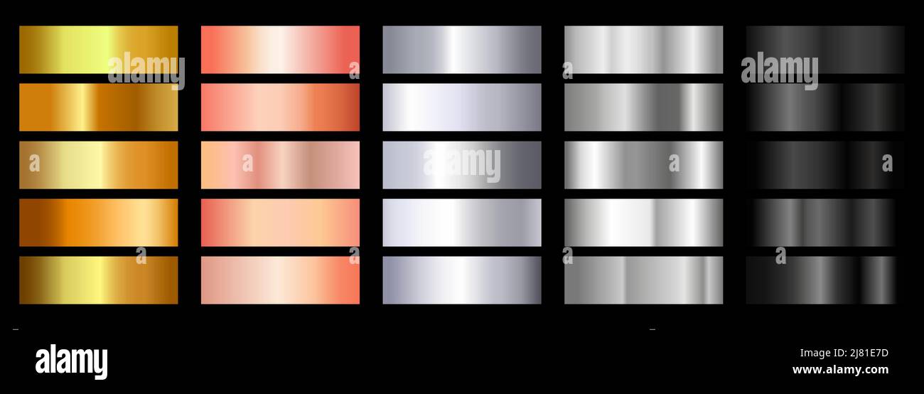 Oro, argento, acciaio, oro rosa e nero metallico gradiente di fondo set. Texture di gradazione metalliche. Elegante e brillante collezione di gradienti vettoriali Illustrazione Vettoriale