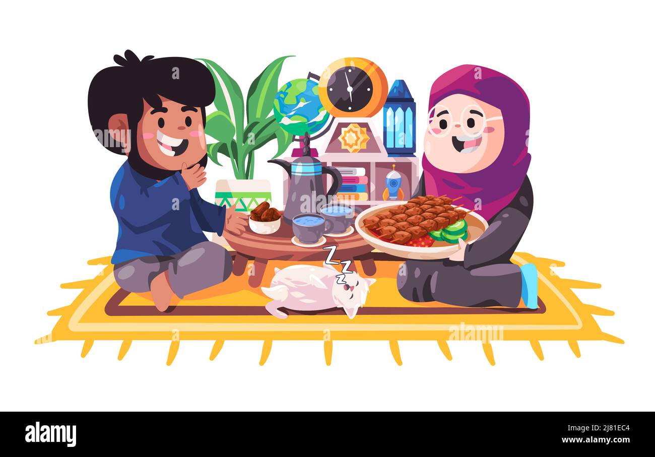 Coppia ifthar mangiare rottura a digiuno ramadhan mangiare insieme riunione donna e padre Illustrazione Vettoriale