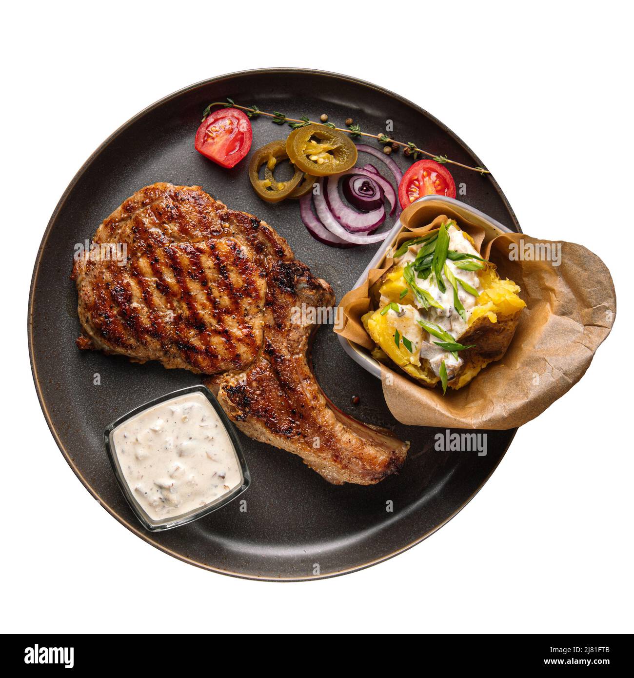 Piatto isolato di manzo alla griglia bistecca di osso Foto Stock