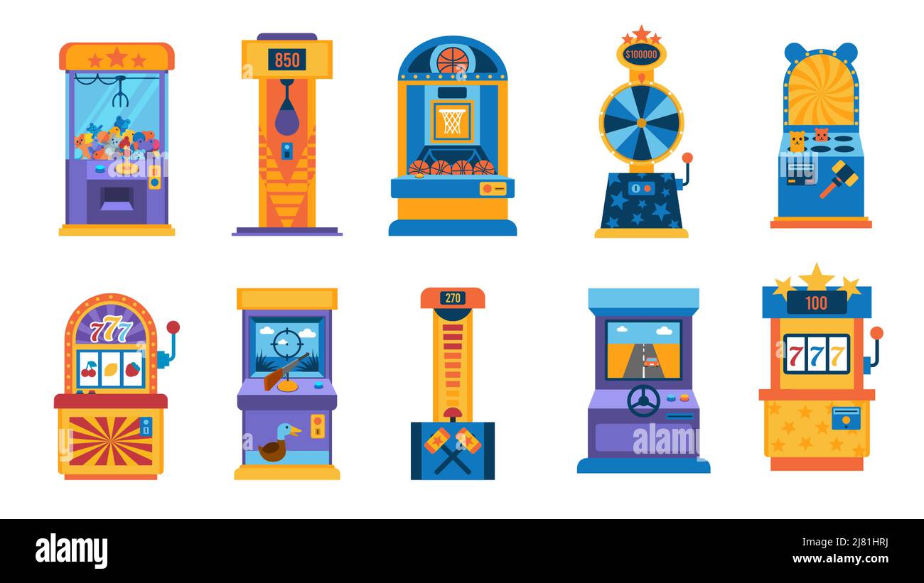 Macchina da gioco retrò. Computer da gioco, mini basket, gru e gioco d'azzardo retrò dispositivo di divertimento. Set di macchine retro Vector 90s Illustrazione Vettoriale