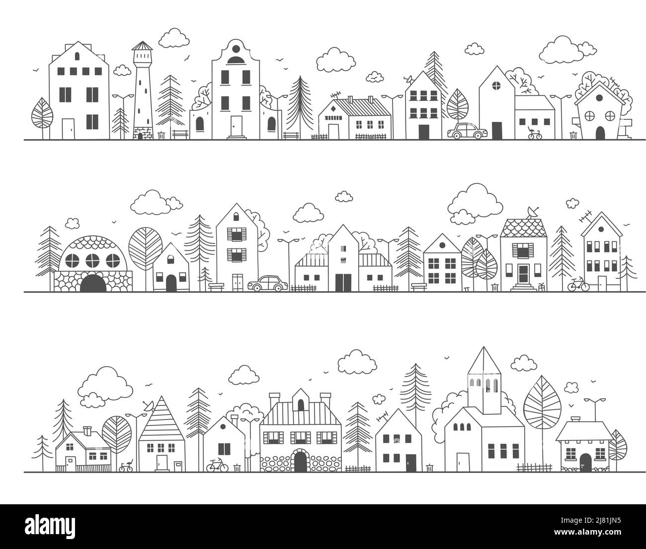 Doodle Town Street. Graziosi edifici rurali con alberi, disegno a mano di quartiere paese con piccole case. Scena infantile vettoriale Illustrazione Vettoriale