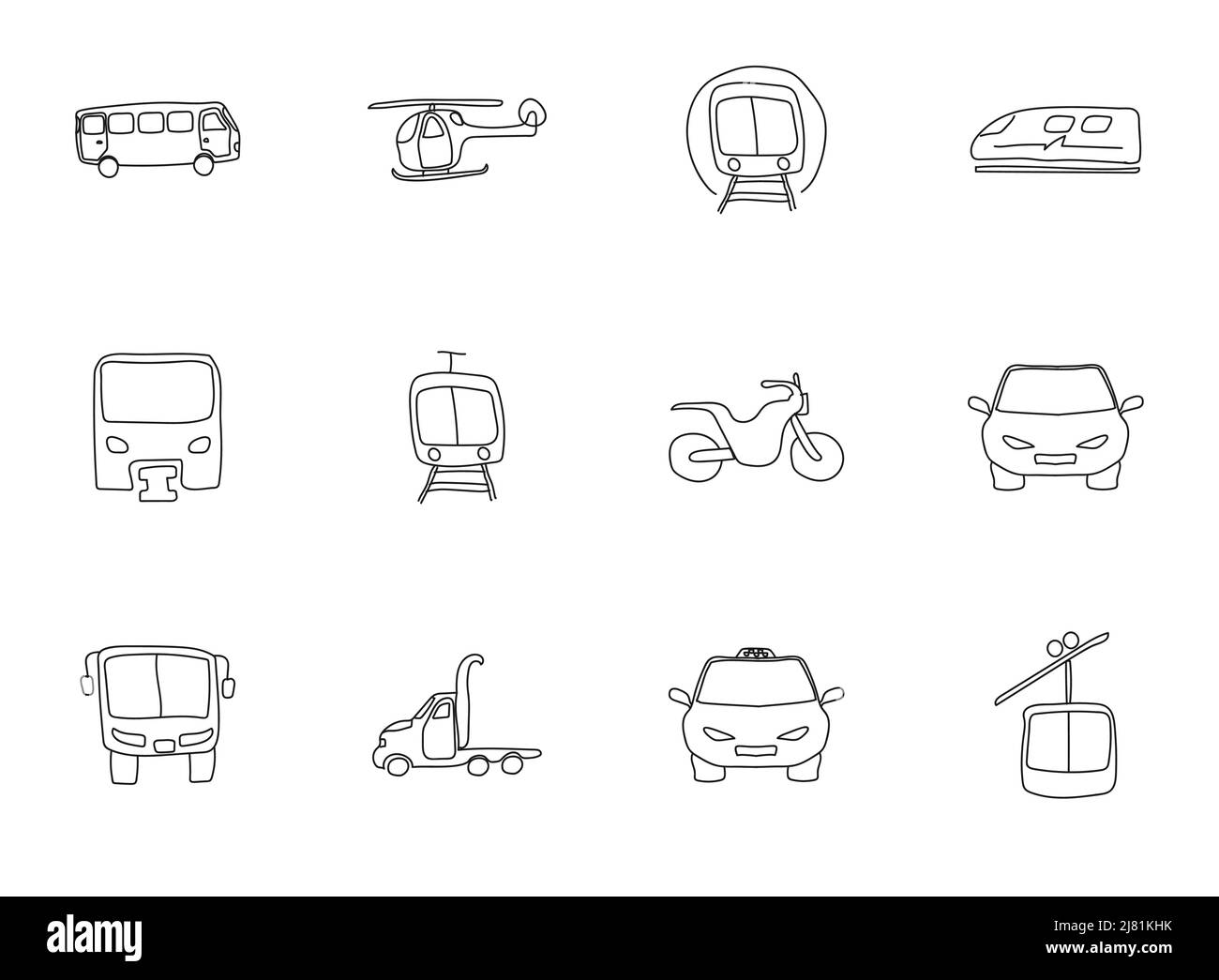 doodles di trasporto isolato su bianco. Illustrazione Vettoriale