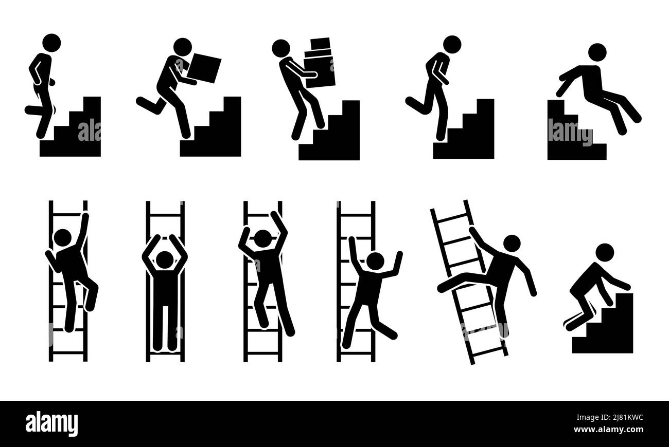 Bastone uomo andare su. Pittogrammi neri di gente che sale su scala e scala, sagome stickman. Movimento vettoriale e concetto di successo Illustrazione Vettoriale