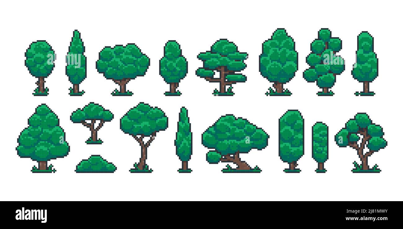 Alberi di pixel. Cartoon 8 bit retro gioco natura pianta e ambiente oggetto, video gioco sprite asset. Insieme isolato di elementi di paesaggio di foresta vettoriale Illustrazione Vettoriale