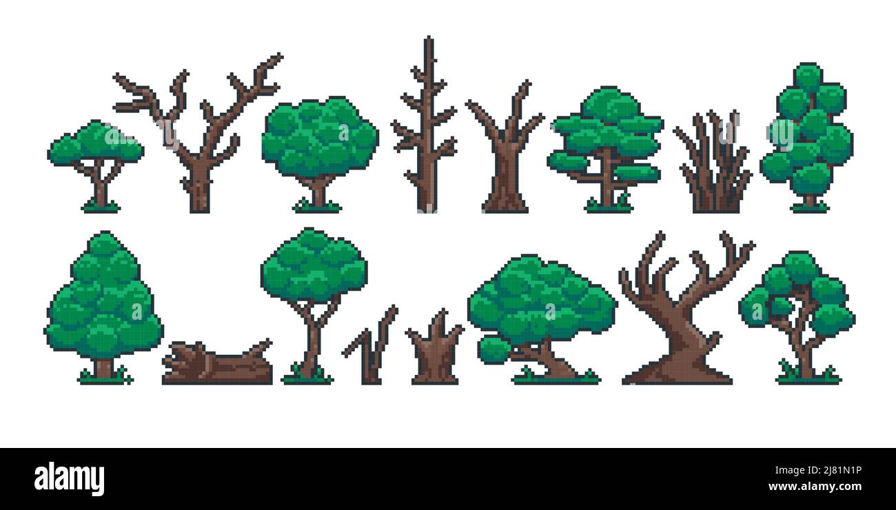 Trunk della struttura pixel. Retro 8 bit video gioco di sprite asset, alberi verdi vecchio ceppo asciutto tronco e log gioco interfaccia oggetti. Set isolato vettoriale Illustrazione Vettoriale