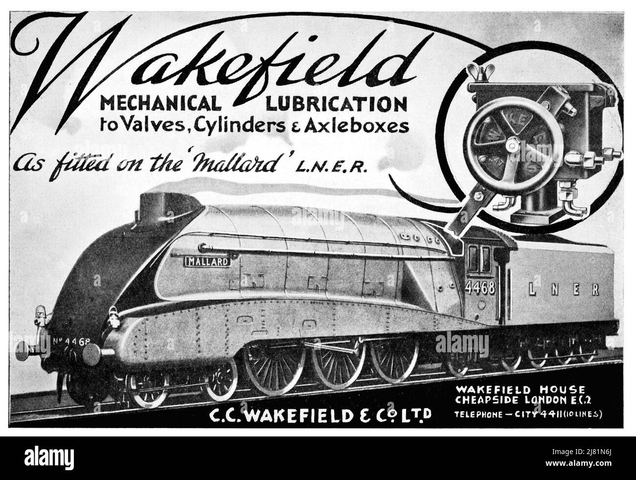 Un annuncio vintage del 1938 per le attrezzature di lubrificazione meccanica del posto del vapore ferroviario di Wakefield, come montato sulla locomotiva LNER Mallard Foto Stock