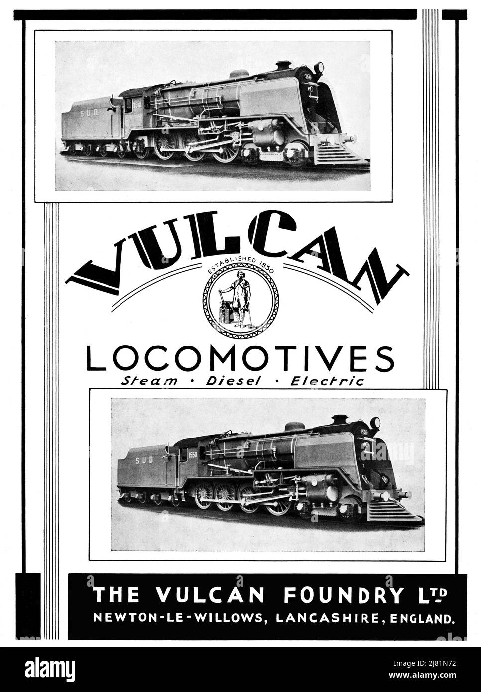 Un annuncio Vinateg 1939 per Vulcan Works Railway Steam Locomotives Foto Stock