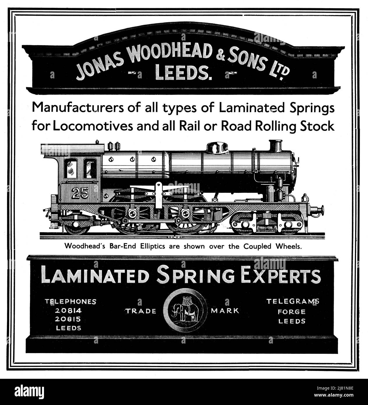Un annuncio vintage per Jonas Woodhead & Sons of Leeds, produttori primaverili di locomotive ferroviarie e materiale rotabile Foto Stock