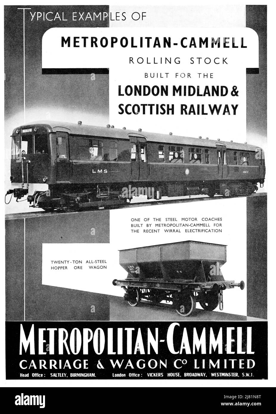 Una pubblicità vintage del 1938 per il materiale rotabile Metropolitan Cammell, le carrozze ferroviarie e i vagoni Foto Stock