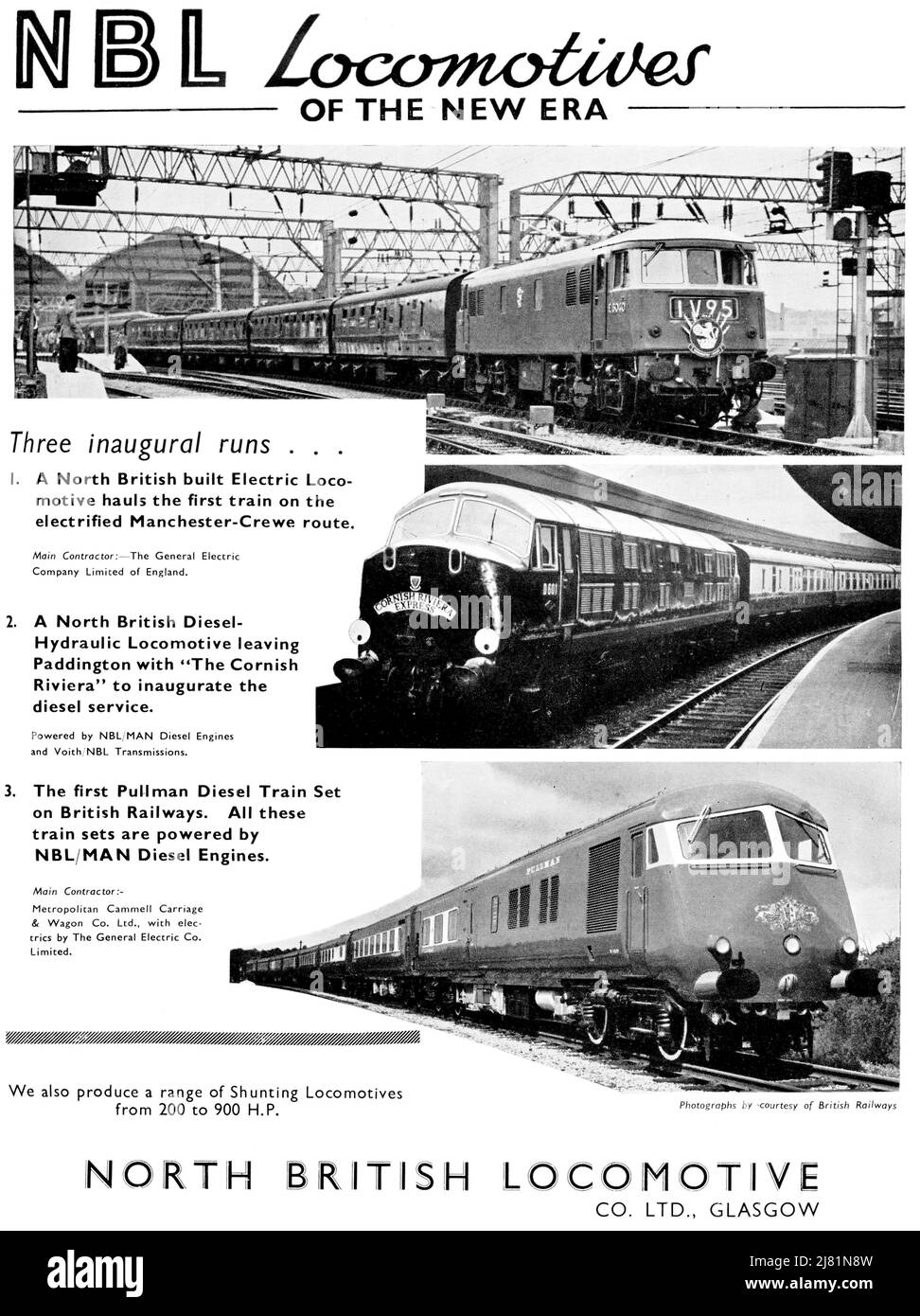 Un annuncio d'epoca per locomotive elettriche, diesel e a vapore del Nord British come fornito alla LMS Railway Foto Stock