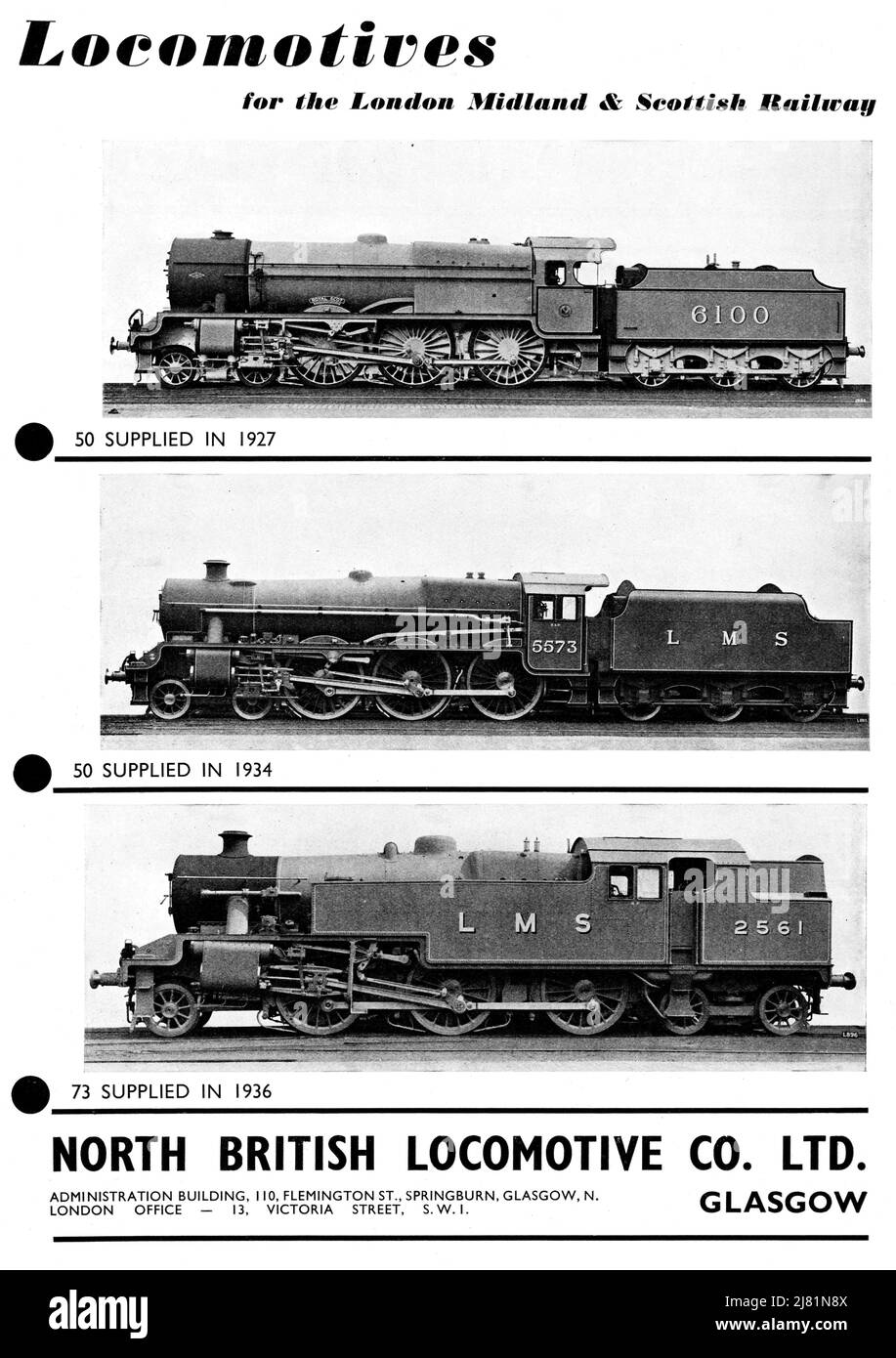 Un annuncio vintage del 1938 per le locomotive a vapore North British fornite alla LMS Railway Foto Stock