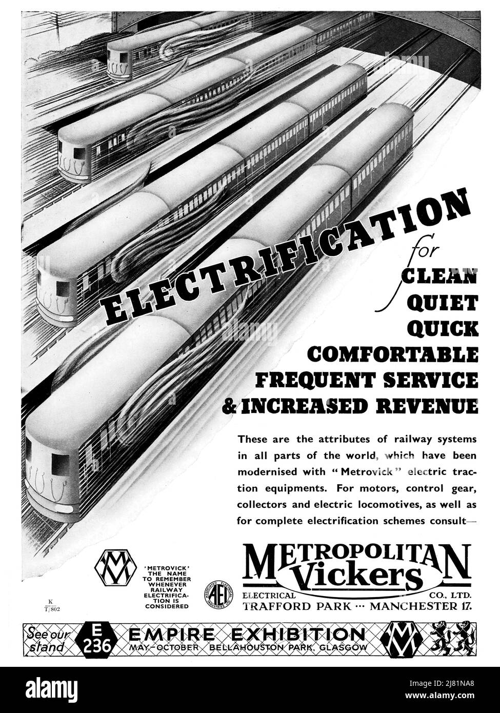 Un annuncio d'epoca del 1938 per i treni ferroviari elettrici Metropolitan Vickers e il materiale rotabile Foto Stock