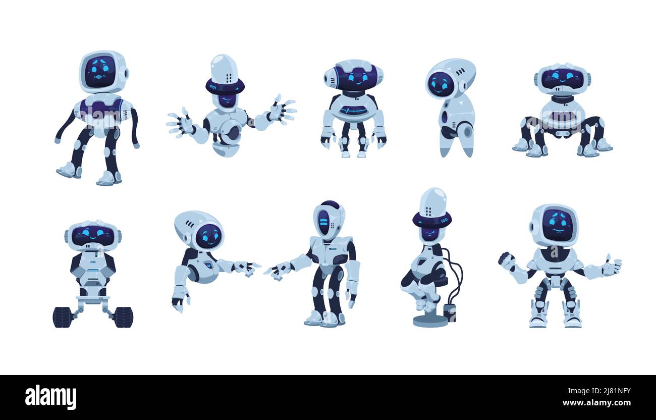Robot cartoni animati. Personaggio bot artificiale con viso divertente, corpo delle braccia e gambe, varie mascotte ai. Set isolato di robot futuristico vettoriale Illustrazione Vettoriale