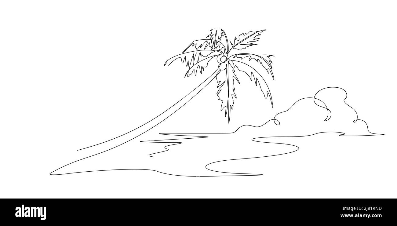 spiaggia di mare con scene di alberi di cocco una linea di disegno illustrazione. Linea contorno stili arte vettore per carta da parati, sfondi, decorazione banner web e. Illustrazione Vettoriale