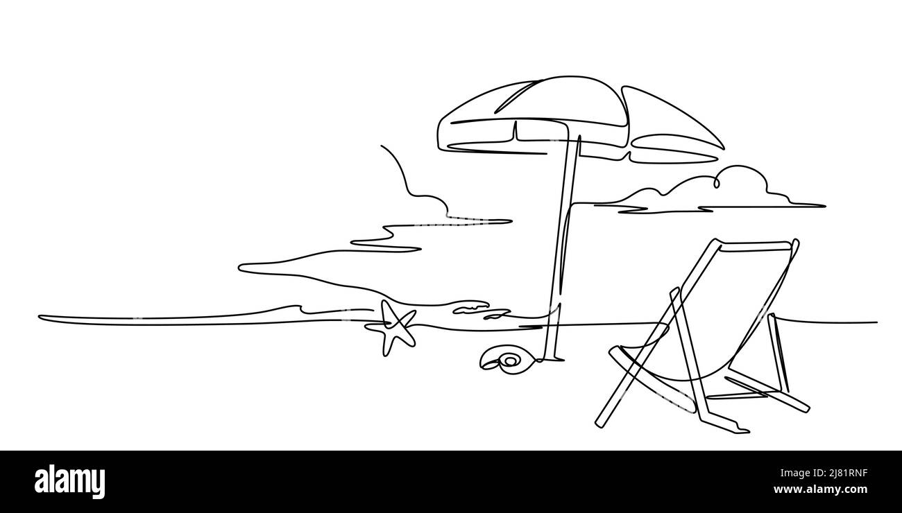 Spiaggia di mare illustrazione di disegno di una linea. Line art estate spiaggia all'aperto vettore. Contornazione disegnata a mano. Illustrazione Vettoriale