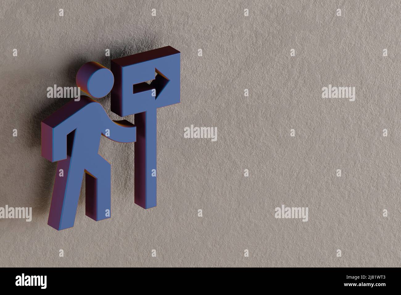 Belle illustrazioni astratte Blu seguire le icone dei simboli dei segni su uno sfondo parete. 3d illustrazione del rendering. Motivo di sfondo per il design. Foto Stock