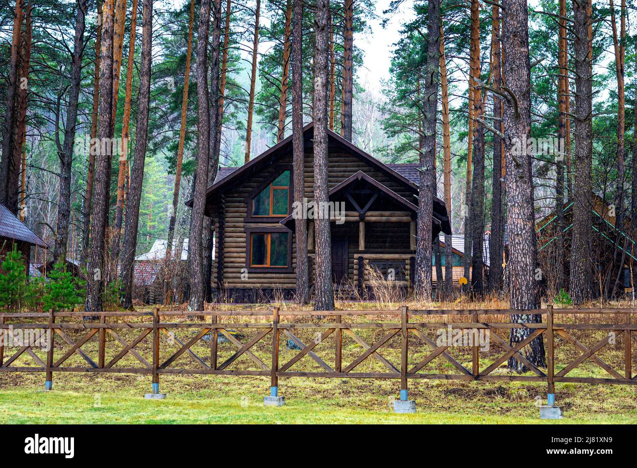 Foresta e grande casa in esso in estate giorno Foto Stock