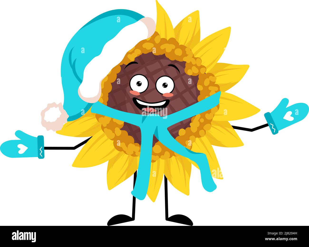 Personaggio di girasole a Santa Hat con allegra emozione, viso gioioso, occhi sorridenti, braccia e gambe. Pianta persona con espressione, giallo sole fiore emoticon. Illustrazione piatta vettoriale Illustrazione Vettoriale