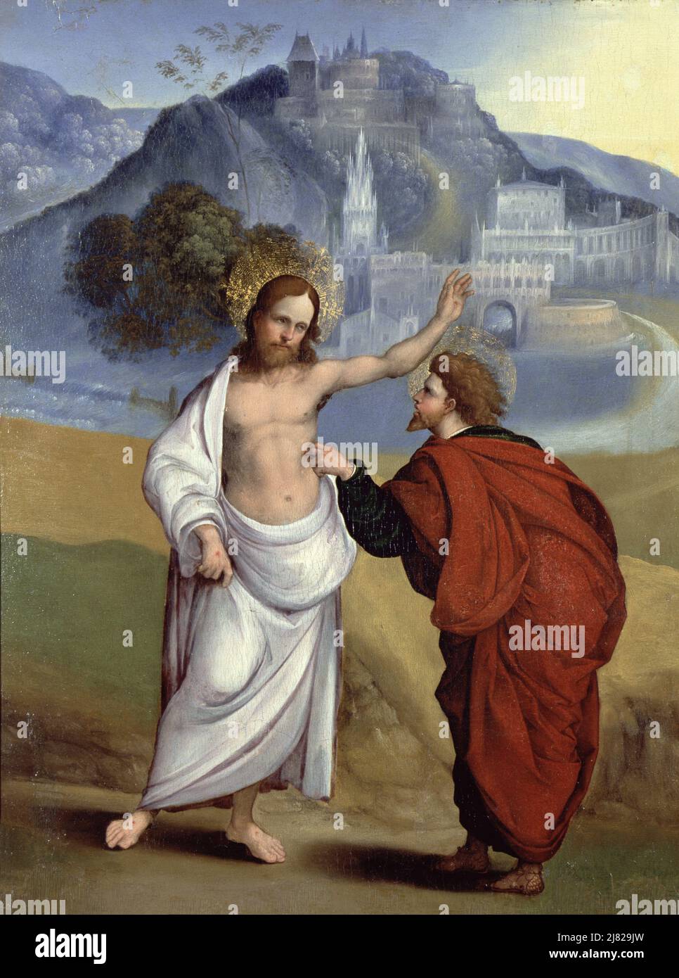 Polittico: Pannello centrale raffigurante la Madonna col Bambino intronata di Angeli e Santi circondato da pannelli raffiguranti scene della vita di Cristo, frontoni triangolari raffiguranti santi, angeli e una scena della Crocifissione (tempera sul pannello) di Baronzio da Rimini, Giovanni (fl.1362); Palazzo Ducale, Urbino, Italia; Italiano, fuori copyright. Foto Stock