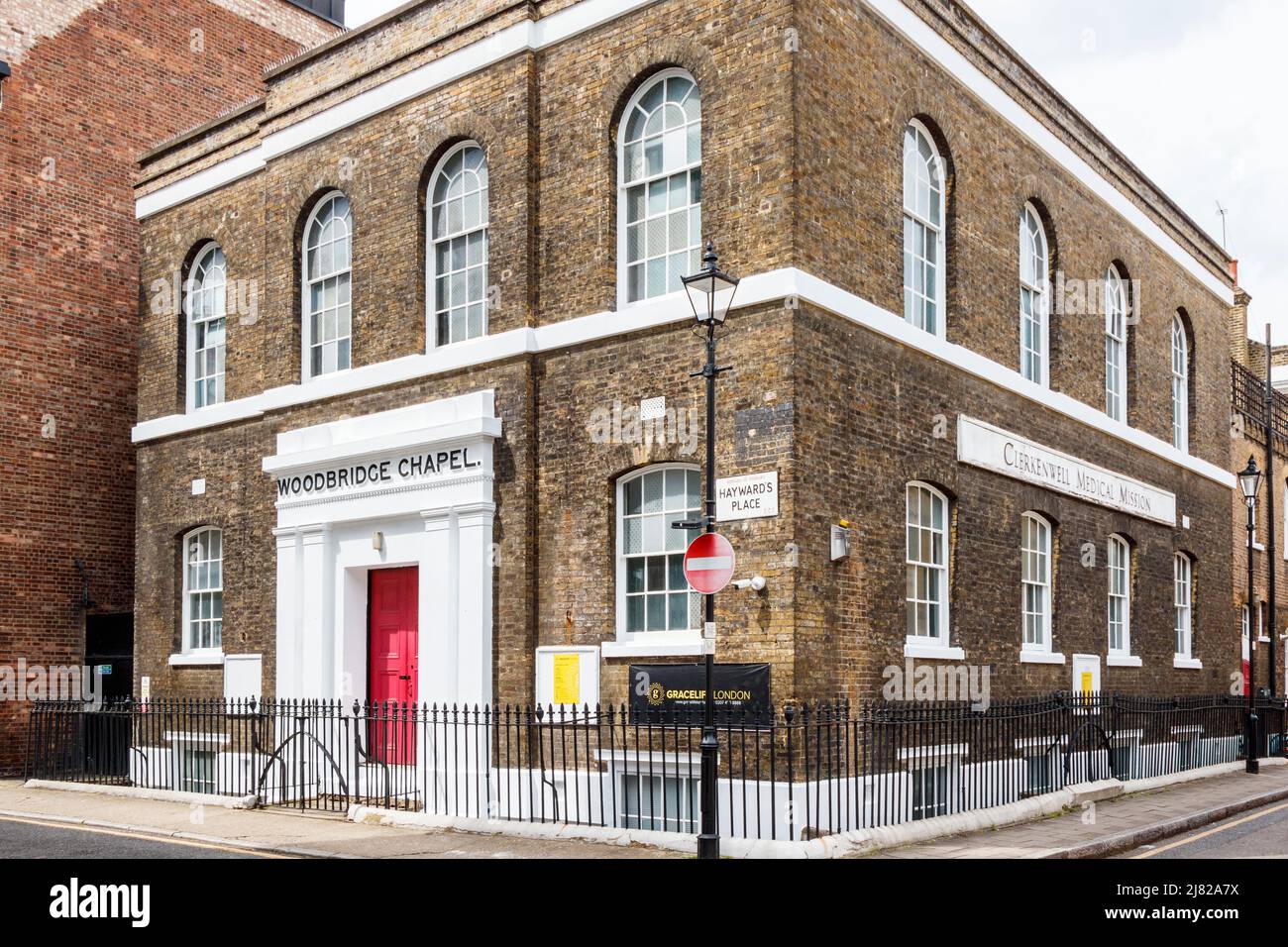 Woodbridge Chapel, costruita nel in1832–3 per gli alti calvinisti indipendenti, a Haywards Place, Clerkenwell, Londra, Regno Unito Foto Stock