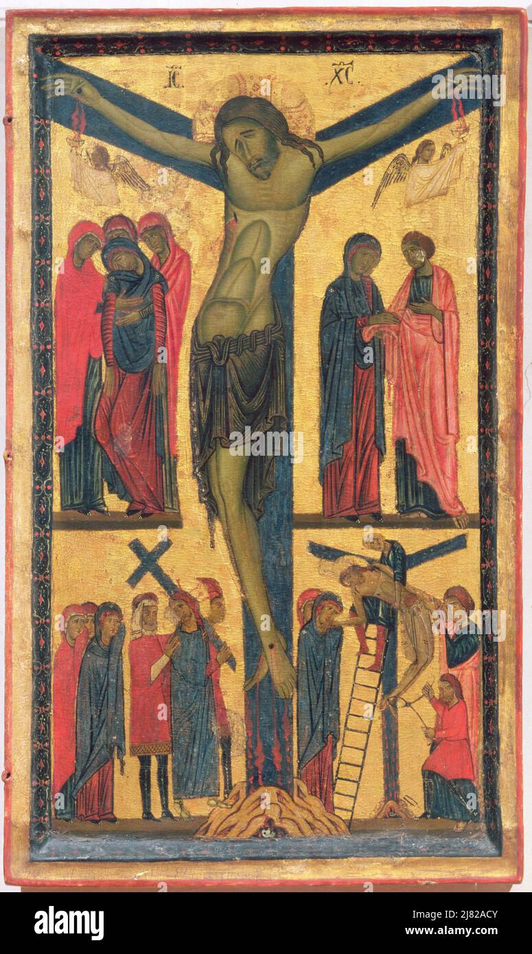 La Crocifissione con le donne sante, il lutto, il Cristo sulla strada del Calvario e la deposizione, pannello destro di un dittico (tempera sul pannello) di Berlinghieri, Bonaventura (fl.1228-74) (scuola di); 102x121 cm; Galleria degli Uffizi, Firenze, Toscana, Italia; Italiano, fuori copyright. Foto Stock