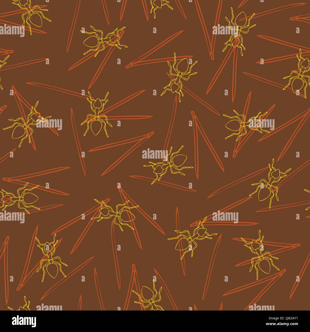Pattern vettoriale senza giunture con formiche delineate su sfondo marrone. Forms nido carta da parati design. Illustrazione Vettoriale