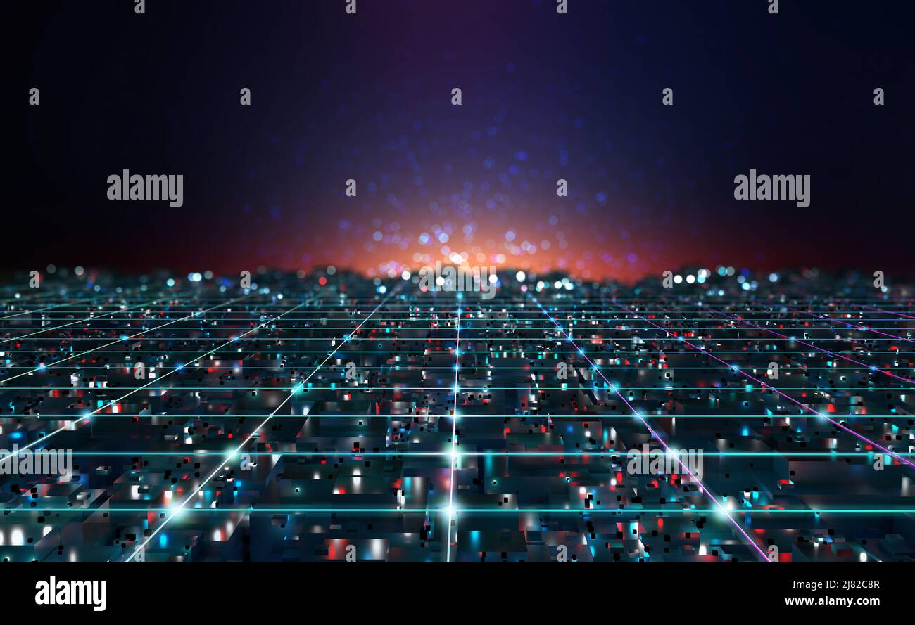 Cyberpunk Digital City. Spazio informatico globale. 3D illustrazione delle tecnologie Internet wireless. Protezione del database Foto Stock