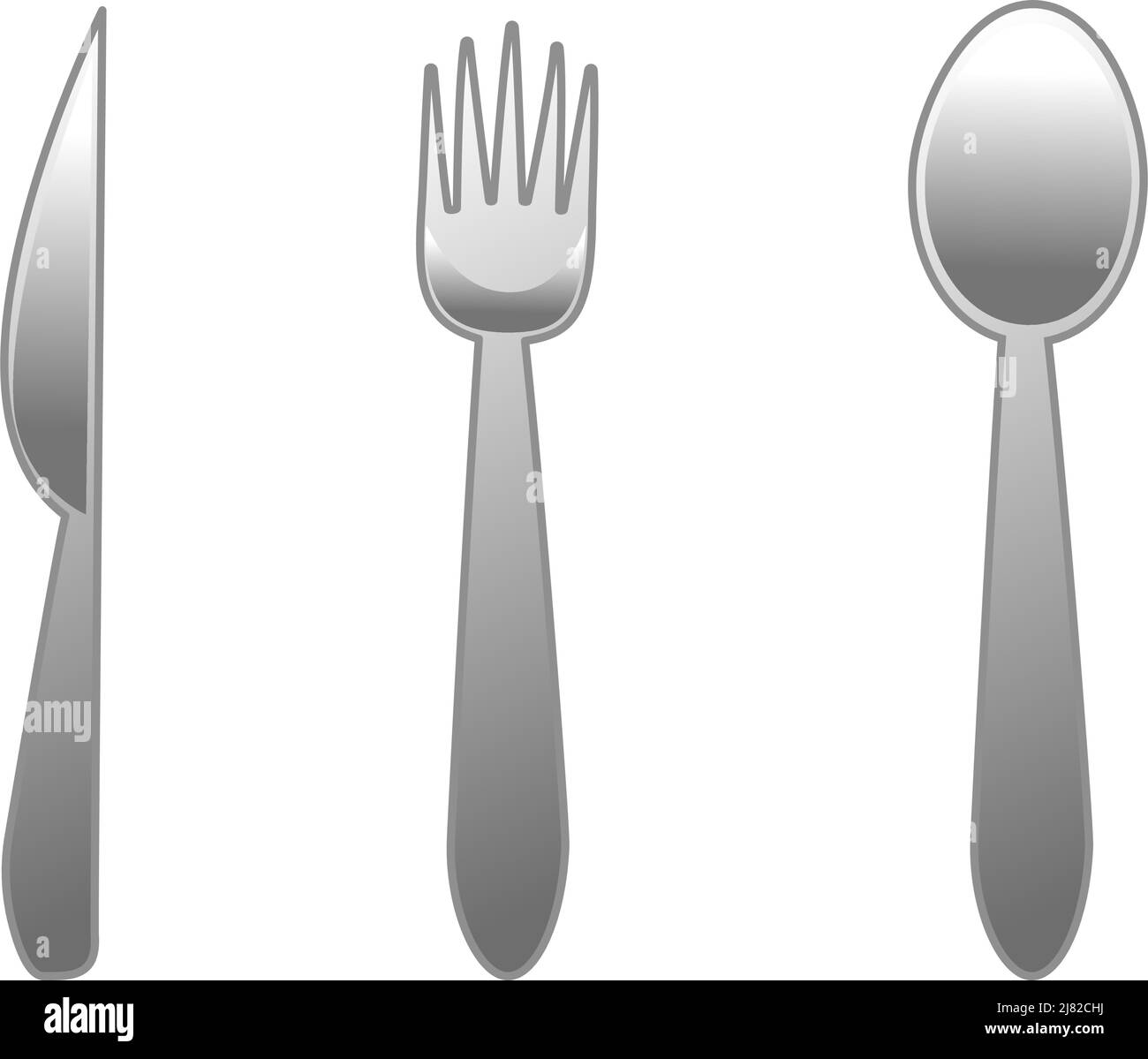 Un set di un coltello, forchetta e cucchiaio con fondo bianco Foto Stock