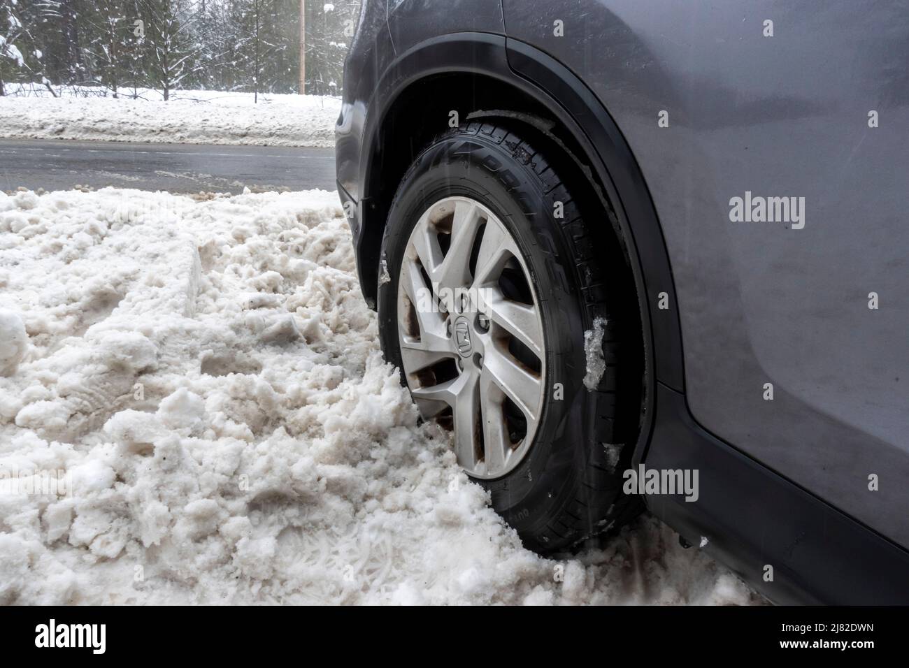 Skykomish, WA USA - circa Gennaio 2022: Vista angolata di uno pneumatico Honda CRV bloccato in una deriva di neve durante una dura tempesta invernale nella zona di Stevens Pass. Foto Stock
