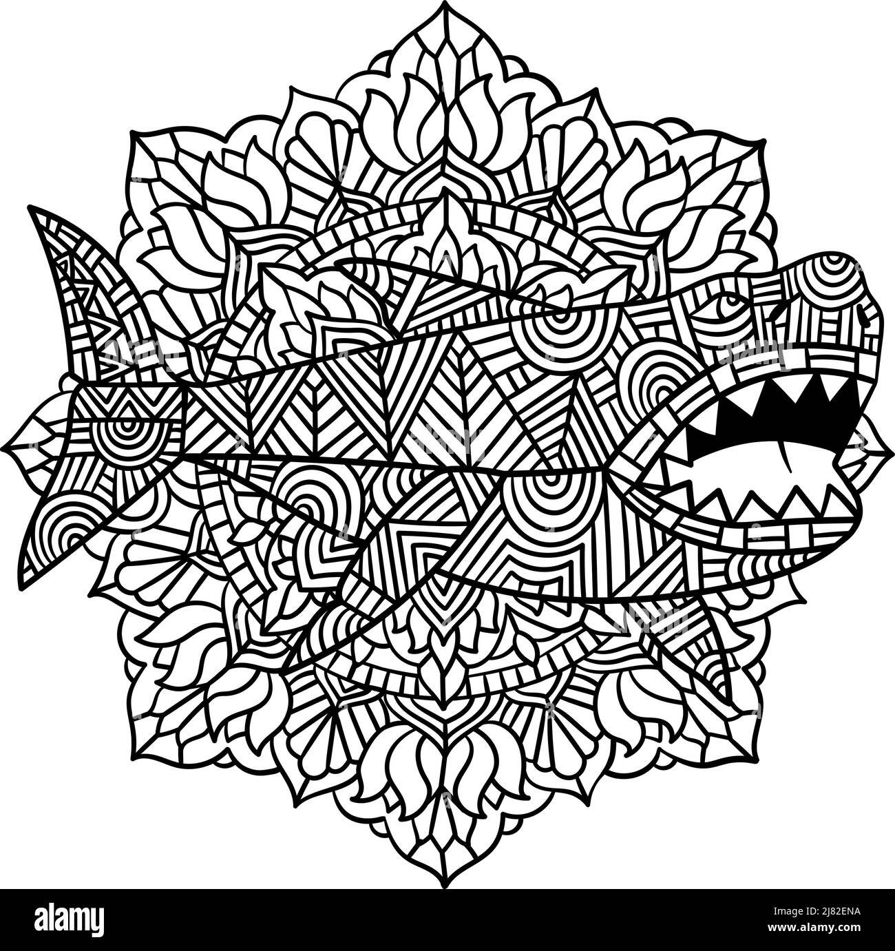 Megalodon Mandala colorazione pagine per adulti Illustrazione Vettoriale