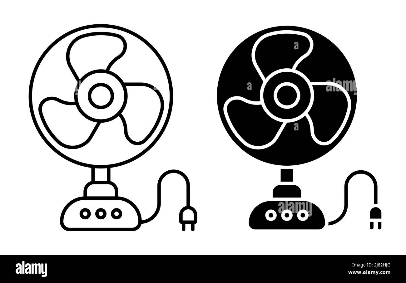 Icona lineare, ventilatore elettrico per il raffreddamento della stanza durante la stagione estiva calda. Mantenimento di una temperatura confortevole in ambiente. Semplice isolamento vettoriale bianco e nero Illustrazione Vettoriale
