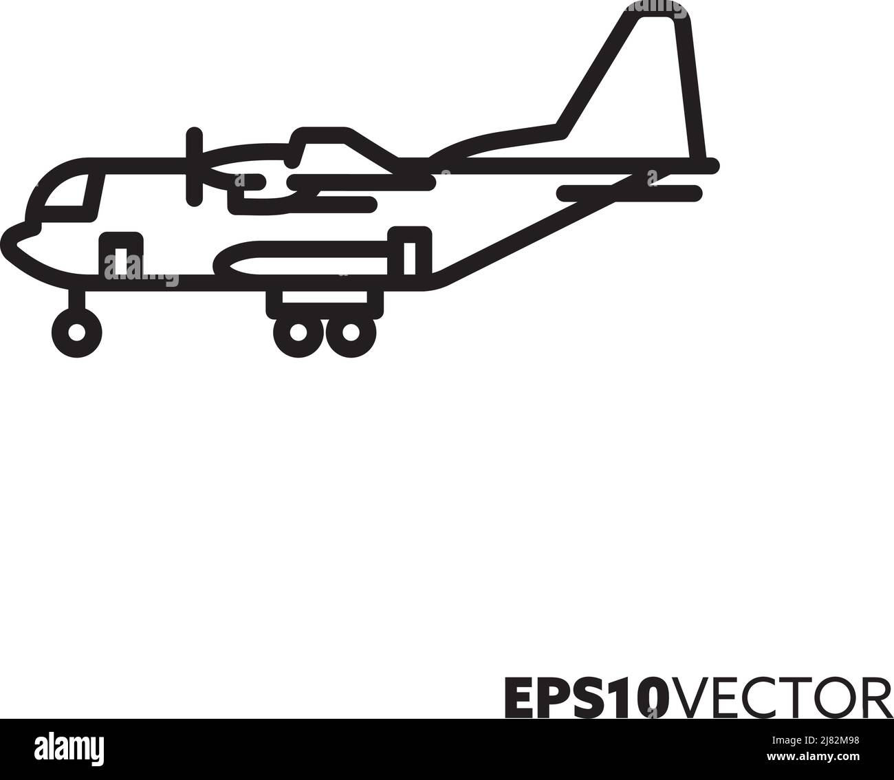 Icona della linea vettoriale per aerei da trasporto militare. Simbolo del contorno del piano della forza aerea. Illustrazione Vettoriale