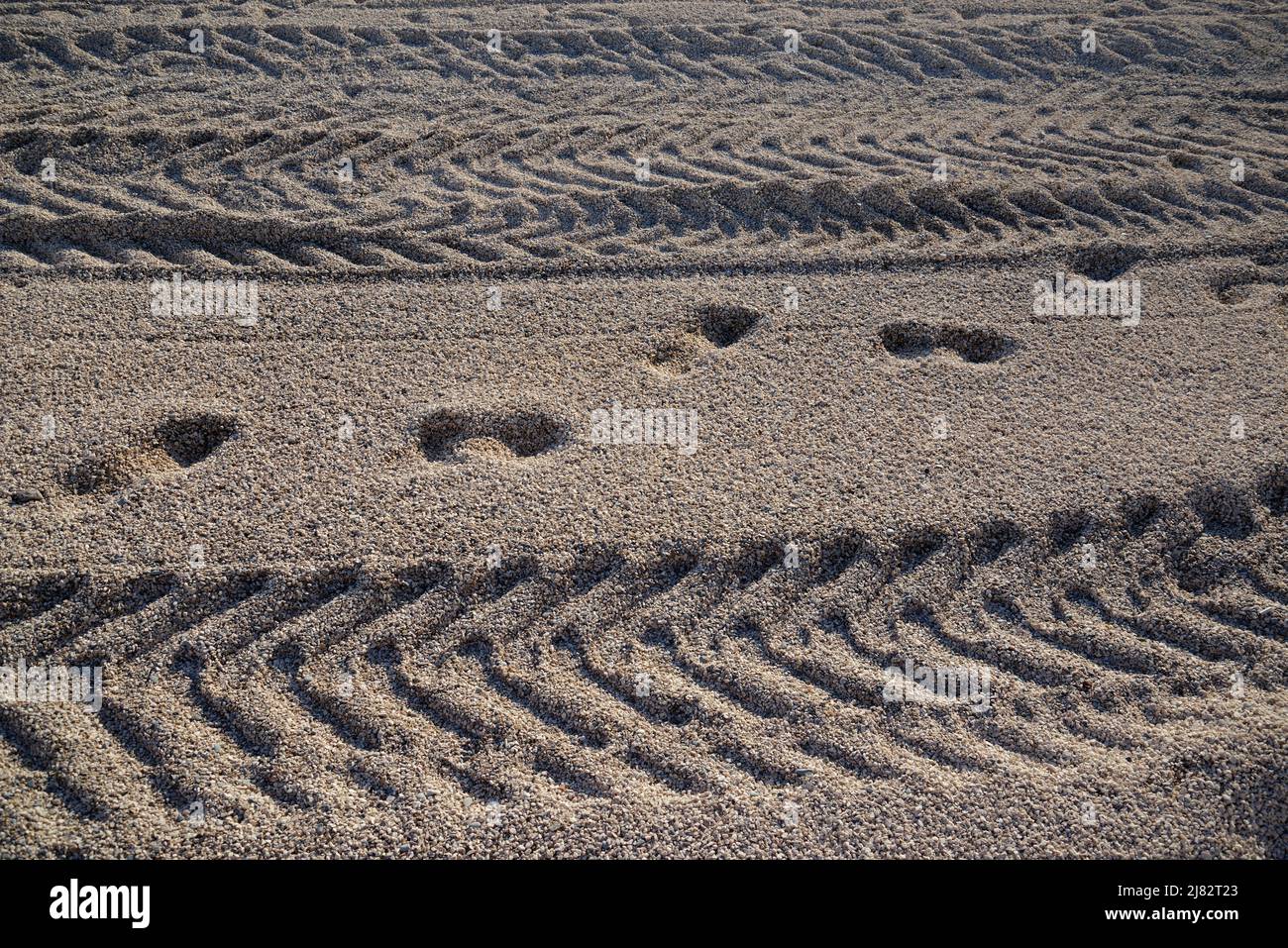 Orme umane e tracce di macchinari nella sabbia. Foto Stock