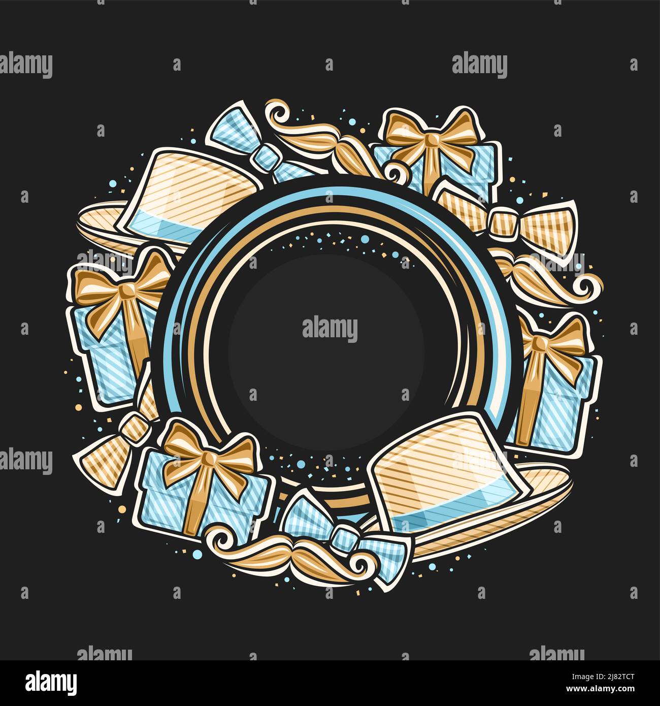 Cornice vettoriale per Father's Day con spazio vuoto per il testo, etichetta prezzo decorativa rotonda con illustrazioni di cappello marrone Mens, cravatta blu arco e cartoo Illustrazione Vettoriale