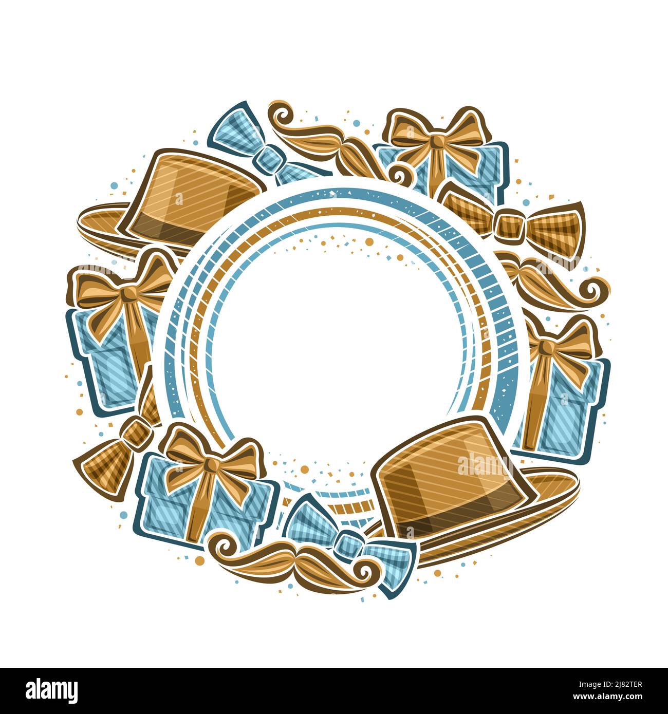 Cornice vettoriale per Father's Day con copyspace nero per il testo, tag prezzo decorativo circolare con illustrazioni di cappello marrone mans, cravatta blu arco e cartoo Illustrazione Vettoriale