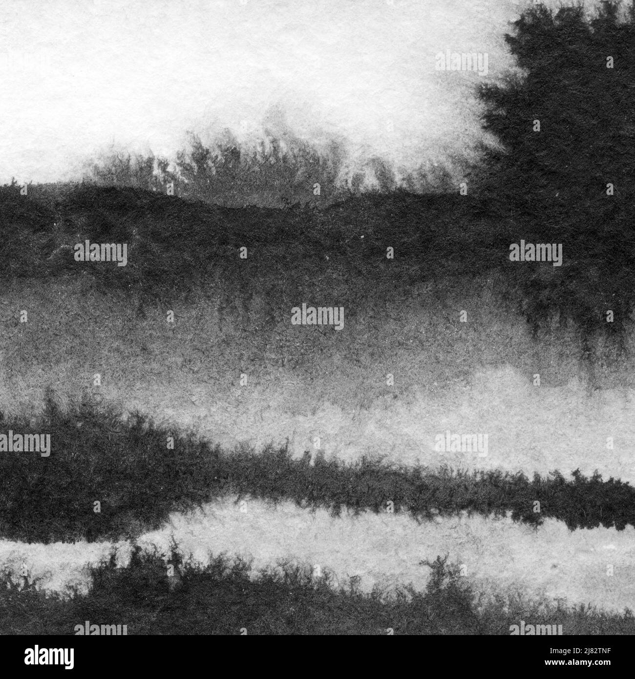 Astratto paesaggio inchiostro disegno a mano. Bianco e nero paesaggio invernale con fiume. Banner poster di sfondo per carte di illustrazione disegnate a mano minimalistico. Linee nere disegnate a mano con acquerello. Foto Stock