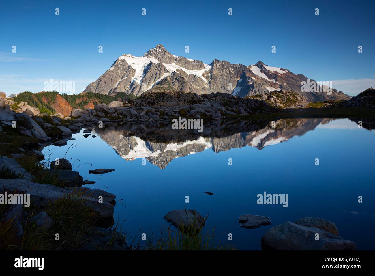 WA21523-00...WASHINGTON - Monte Shuksan riflettendo in un laghetto a Huntoon Point vicino Artist Point nella Mount Baker-Snoqualmie National Forest. Foto Stock