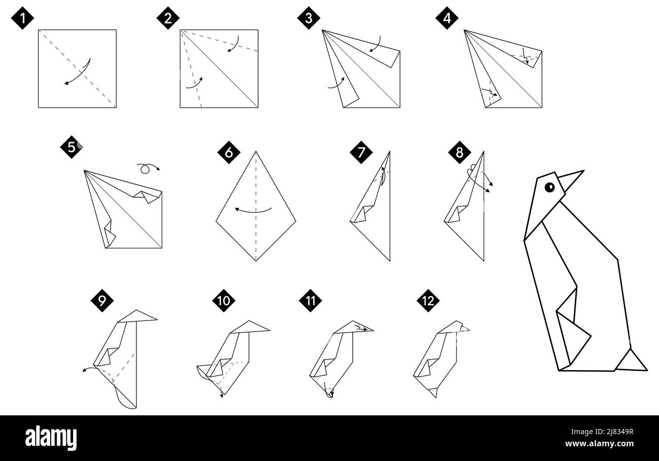 Come fare origami pinguino uccello. Istruzioni dettagliate. Semplice illustrazione DIY vettoriale bianco e nero monocromatica. Illustrazione Vettoriale