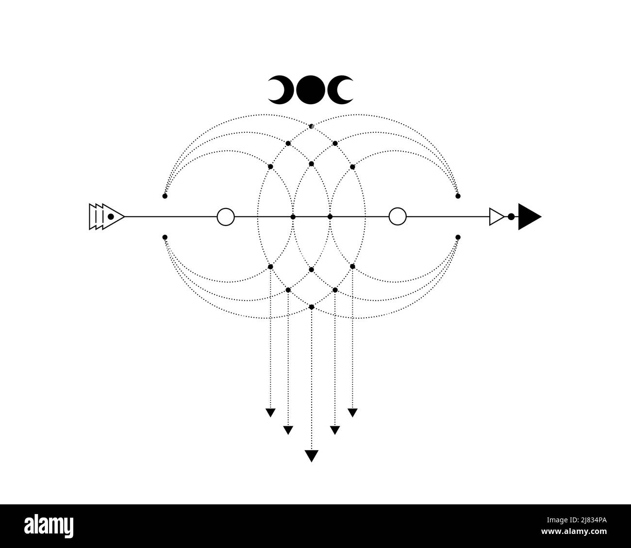 Geometria sacra, freccia mistica e luna crescente, linee tratteggiate in stile boho, icona di wiccan, talismano celestiale magica esoterica alchimia. Spirito Illustrazione Vettoriale