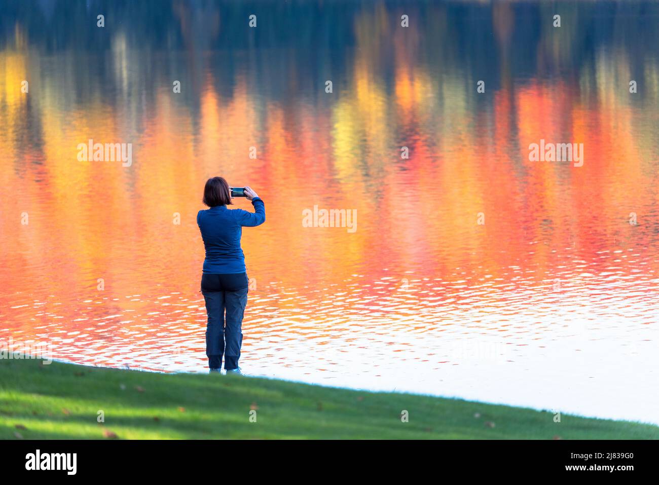 Donna che scatta foto con il suo telefono mentre si trova sulla riva erbosa di un lago. Splendidi colori autunnali che si riflettono nell'acqua. Foto Stock