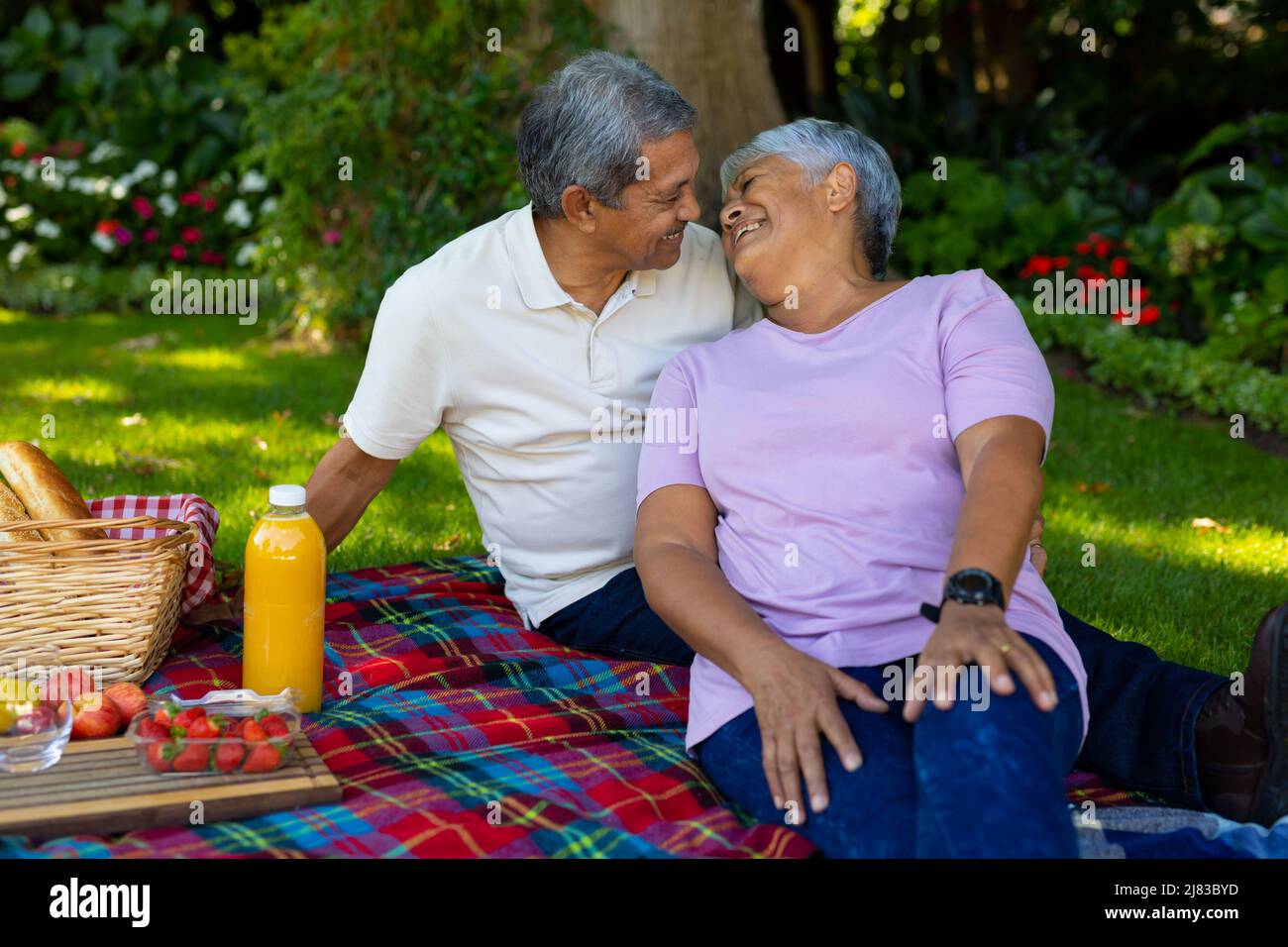 Coppia anziana biraciale che si guarda l'un l'altro mentre si siede con cibo e bevande su coperta nel parco Foto Stock