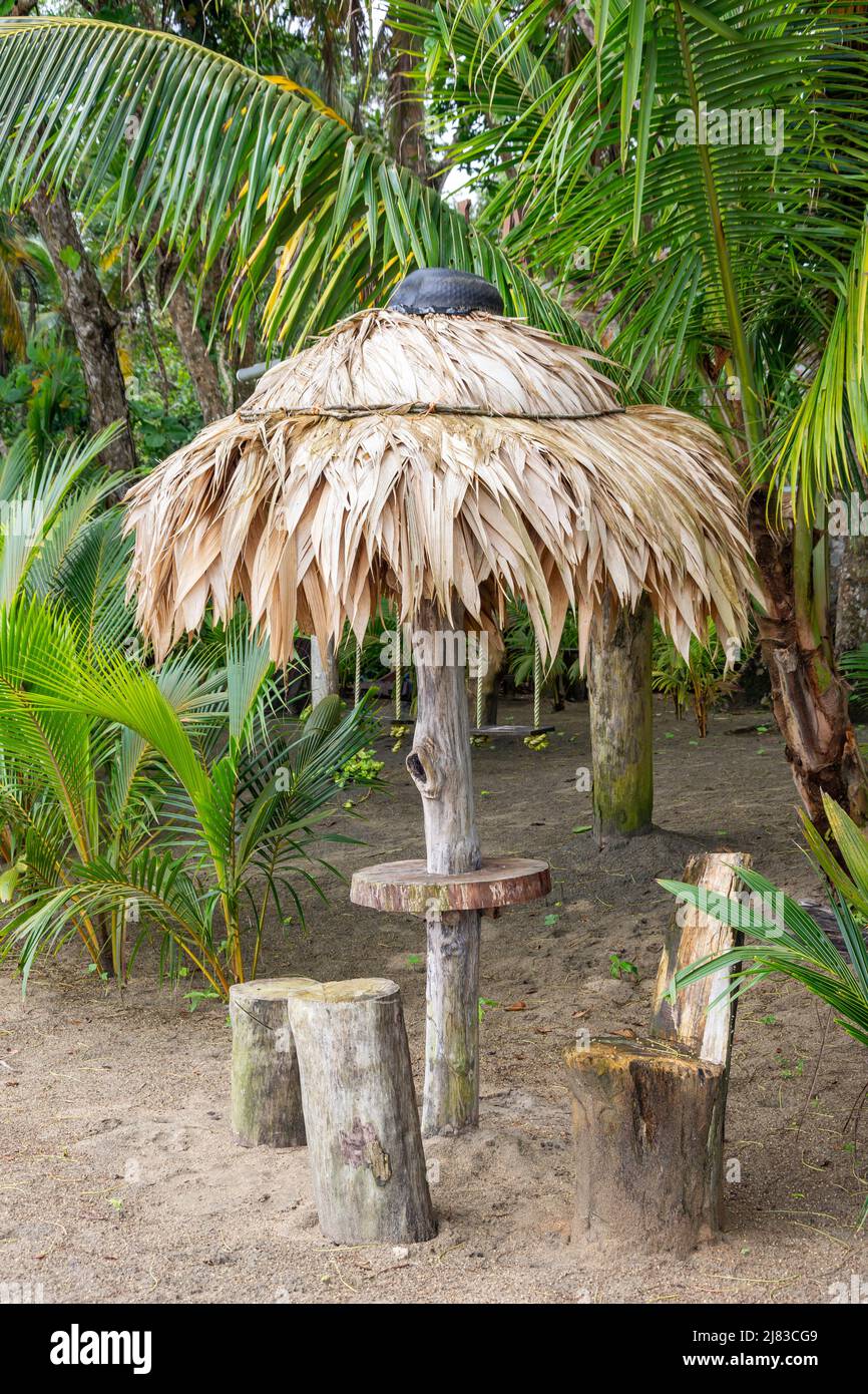 Paglia baldacchino, tavolo e posto sulla spiaggia, Playa Grande, Parque Nacional Manzanillo, Provincia di Limón, Repubblica di Costa Rica Foto Stock